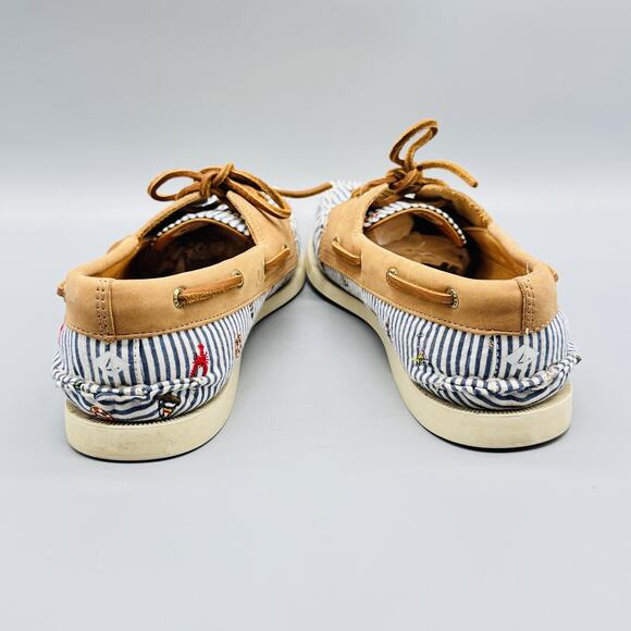 Sperry Shoes Womens 8.5 Blue White Stripe Leather Boat Nautical Embroidered - Picture 7 of 12